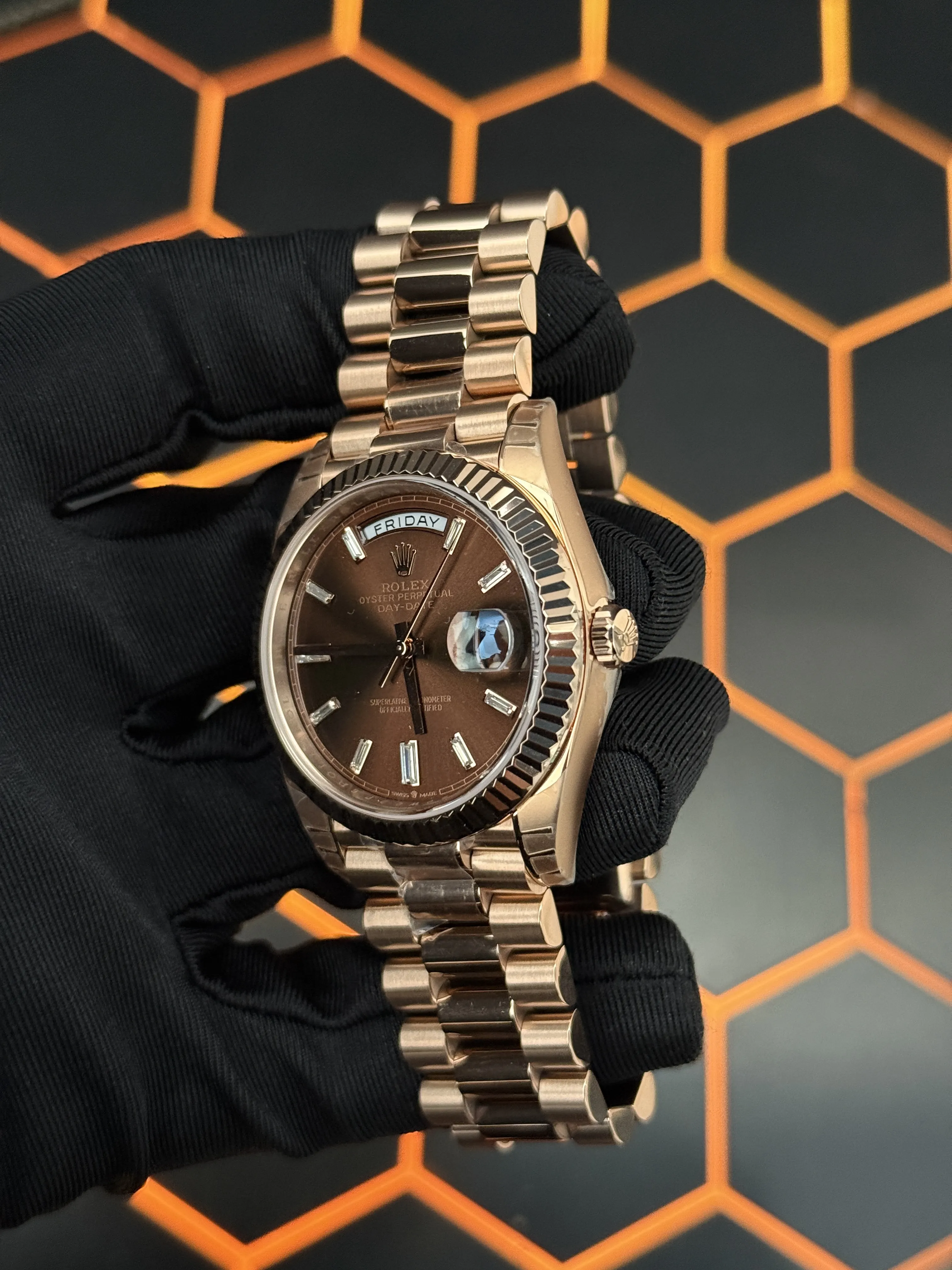 Rolex Day-Date 40-Style Rose-Gold-Tone Chocolate Baguette Dial Watch D391519487 — view 4