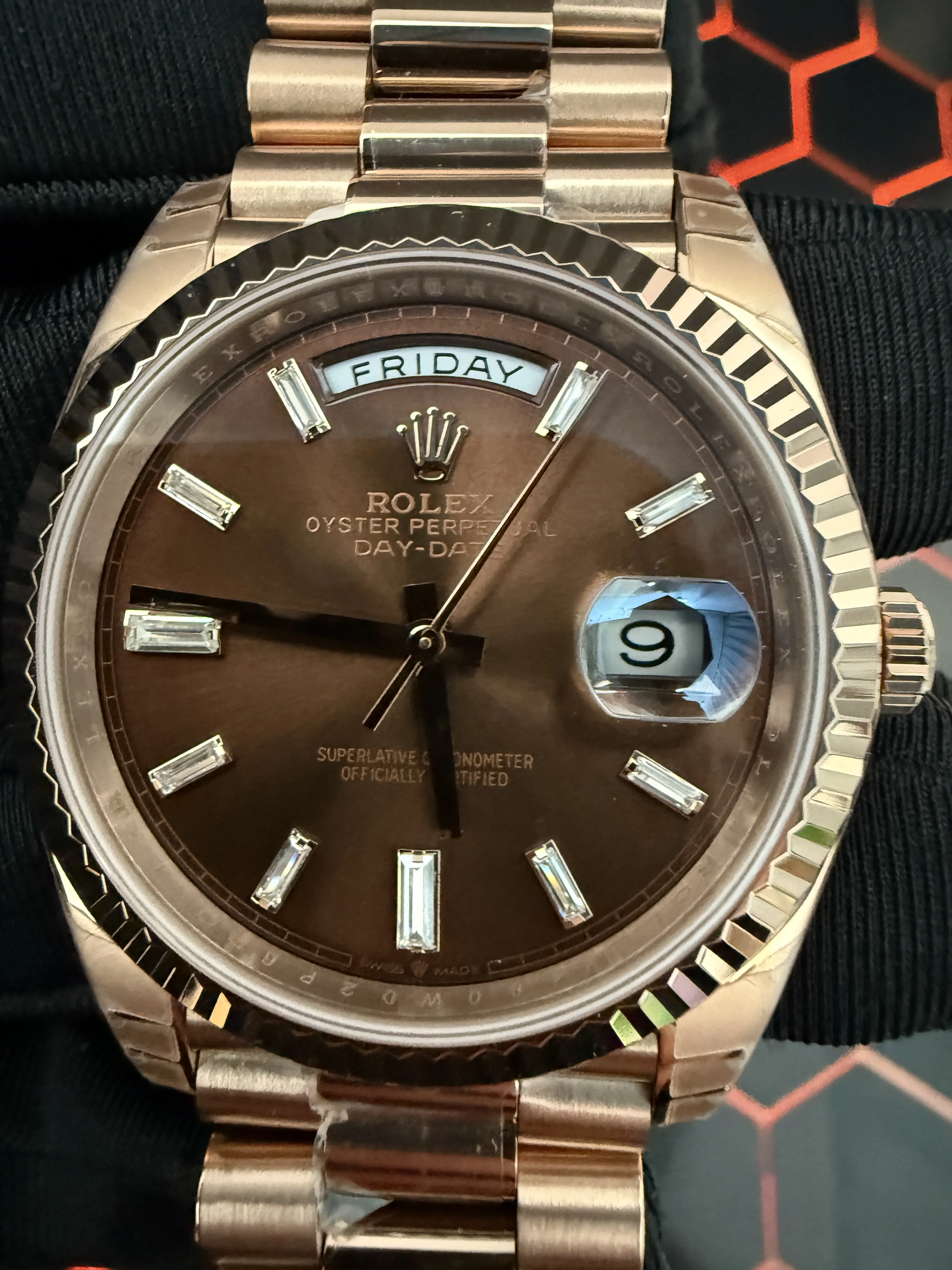 Rolex Day-Date 40-Style Rose-Gold-Tone Chocolate Baguette Dial Watch D391519487 — view 9