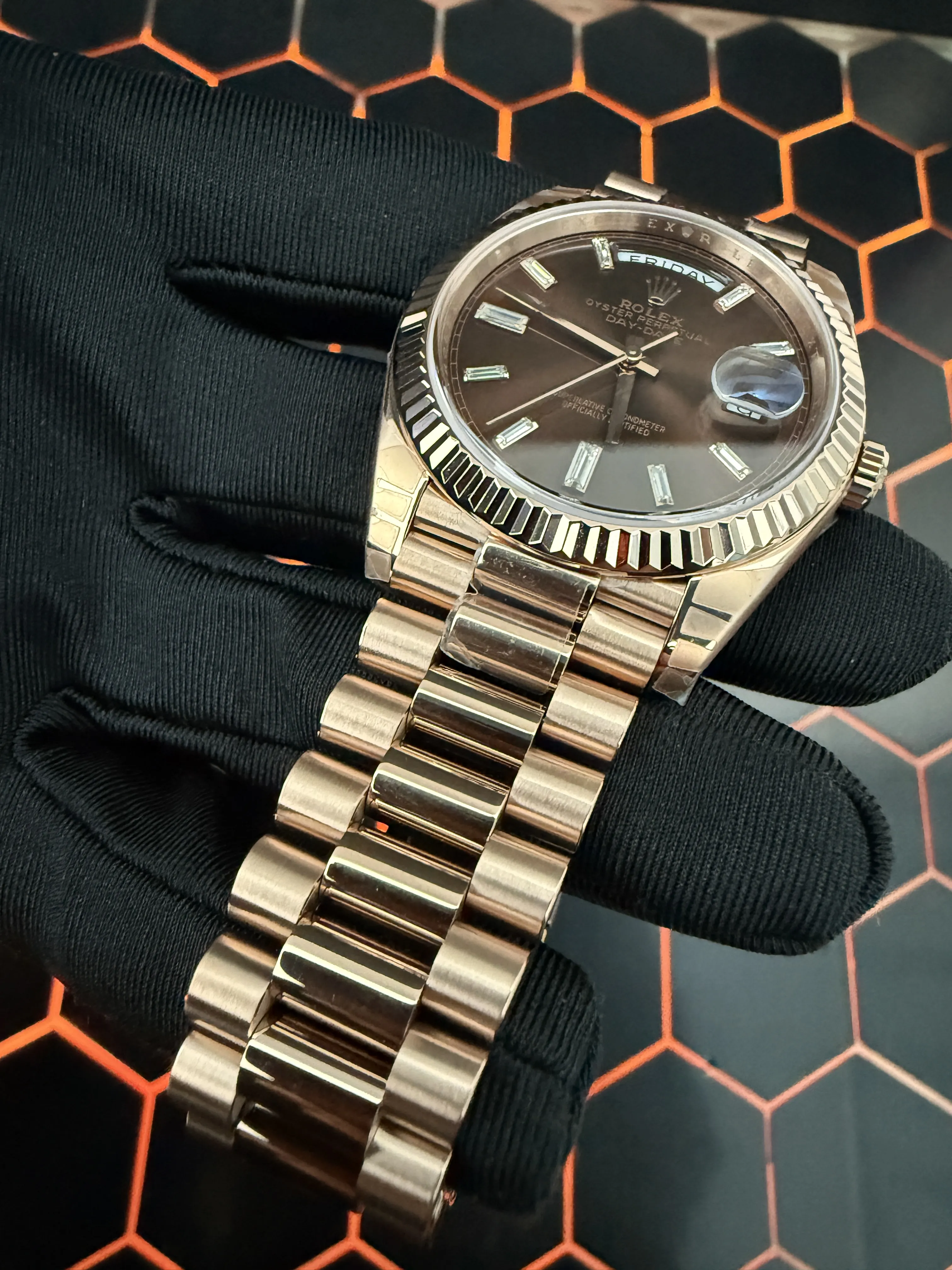 Rolex Day-Date 40-Style Rose-Gold-Tone Chocolate Baguette Dial Watch D391519487 — view 10