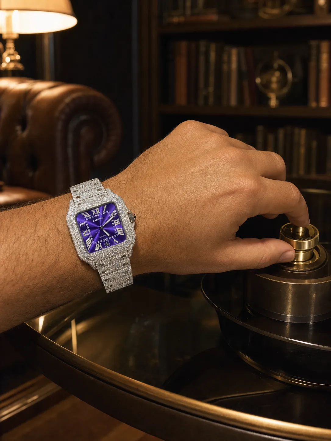 Cartier Santos-Style Iced-Out Purple Roman Dial Watch D1147519492