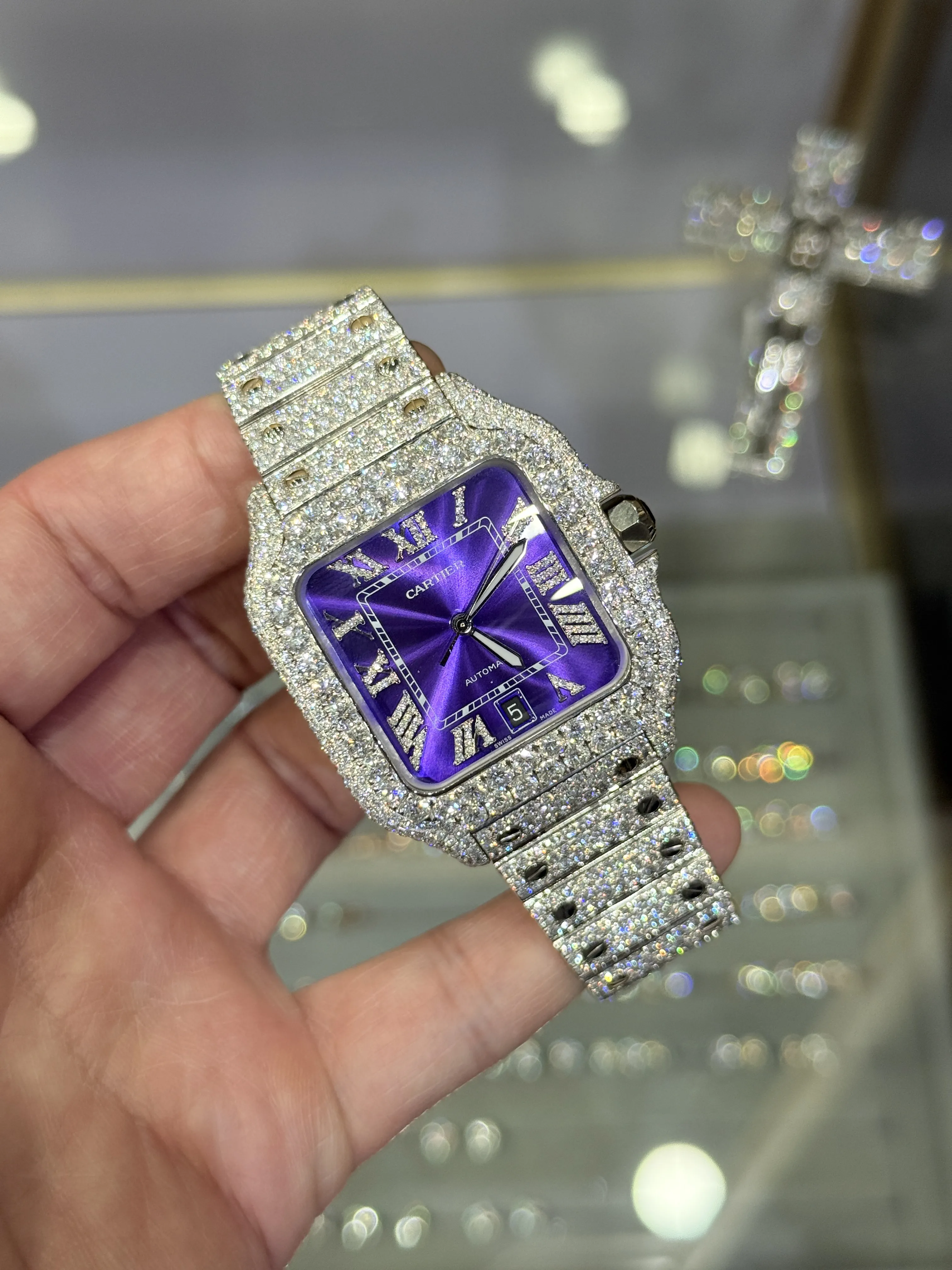 Cartier Santos-Style Iced-Out Purple Roman Dial Watch D1147519492 — view 2