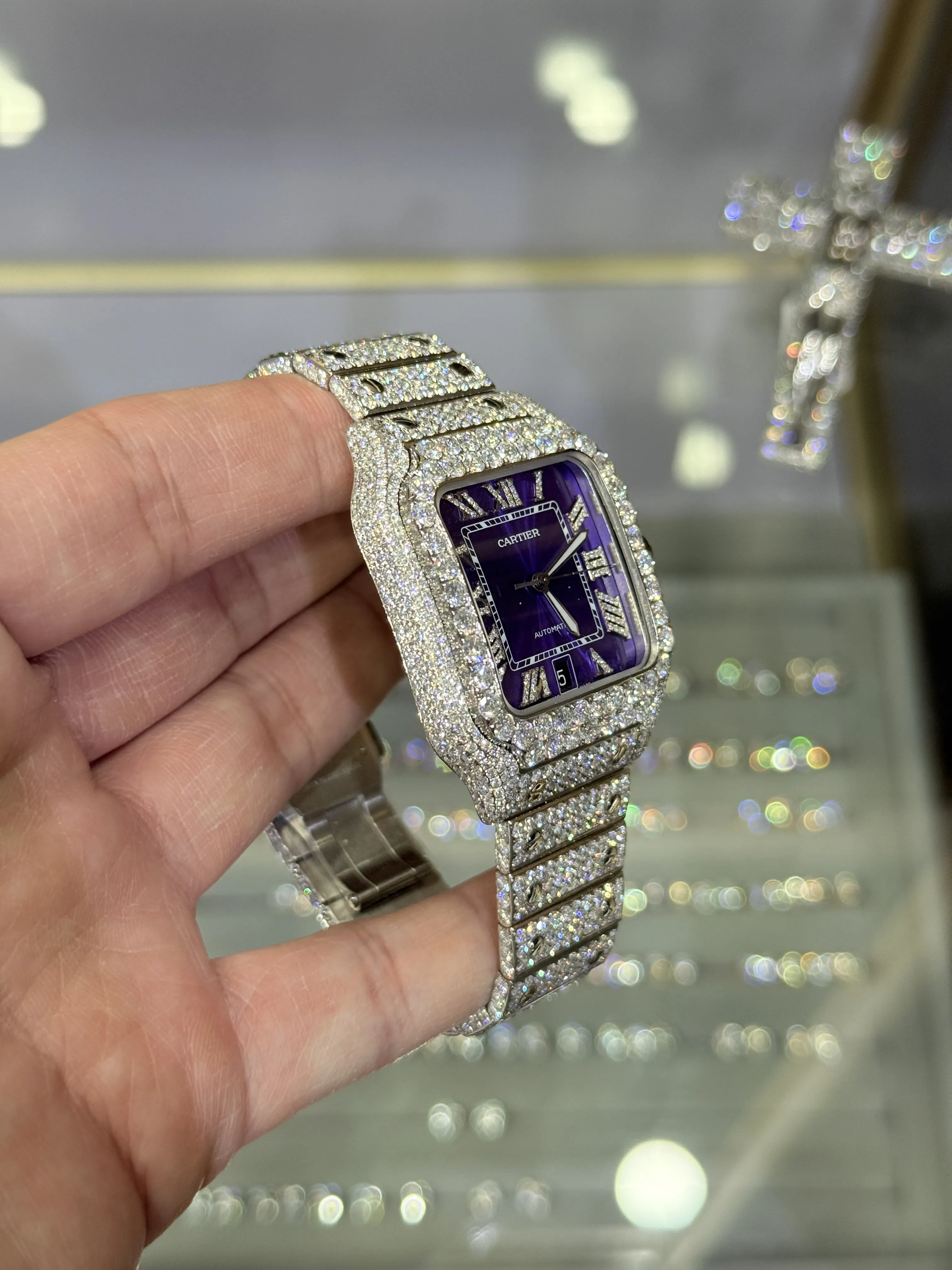 Cartier Santos-Style Iced-Out Purple Roman Dial Watch D1147519492 — view 3