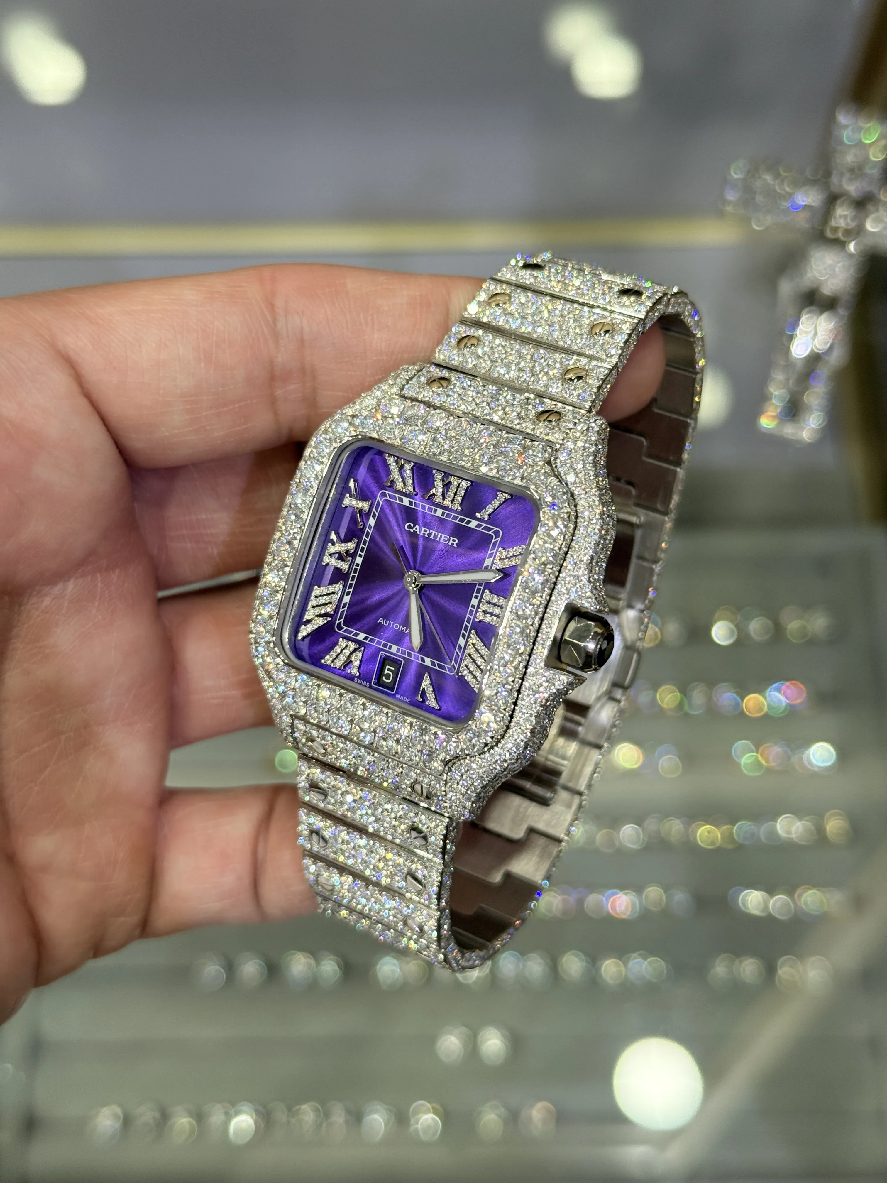 Cartier Santos-Style Iced-Out Purple Roman Dial Watch D1147519492 — view 4