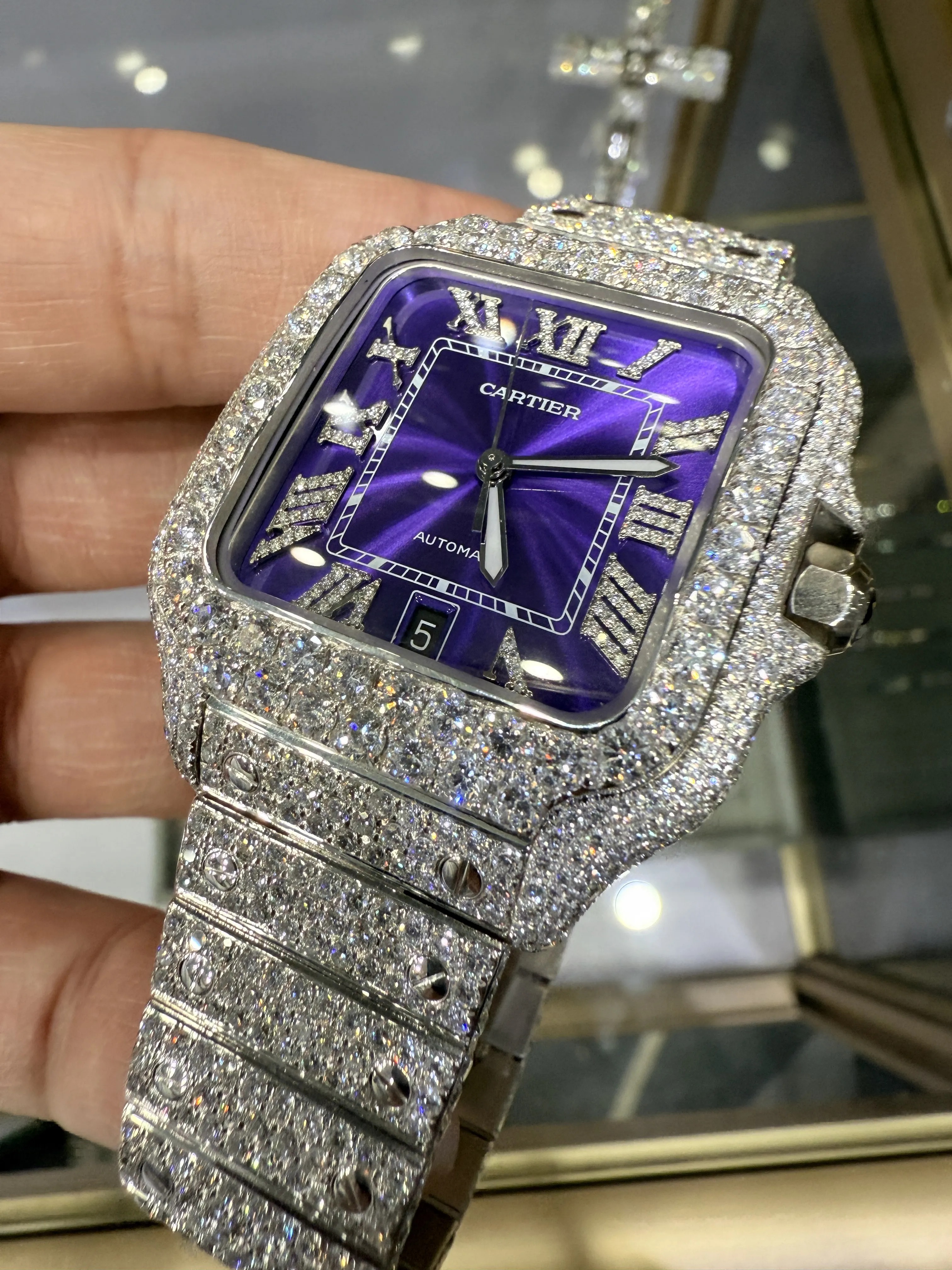 Cartier Santos-Style Iced-Out Purple Roman Dial Watch D1147519492 — view 9