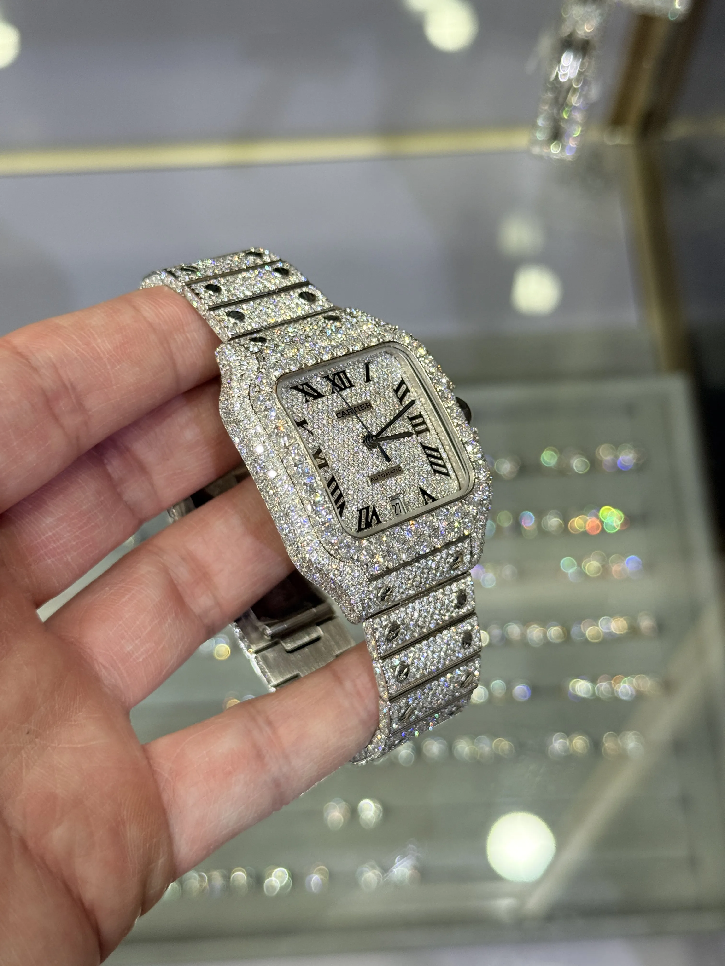 Cartier Santos-Style Iced-Out Pave Roman Dial Watch D1147519493 — view 3