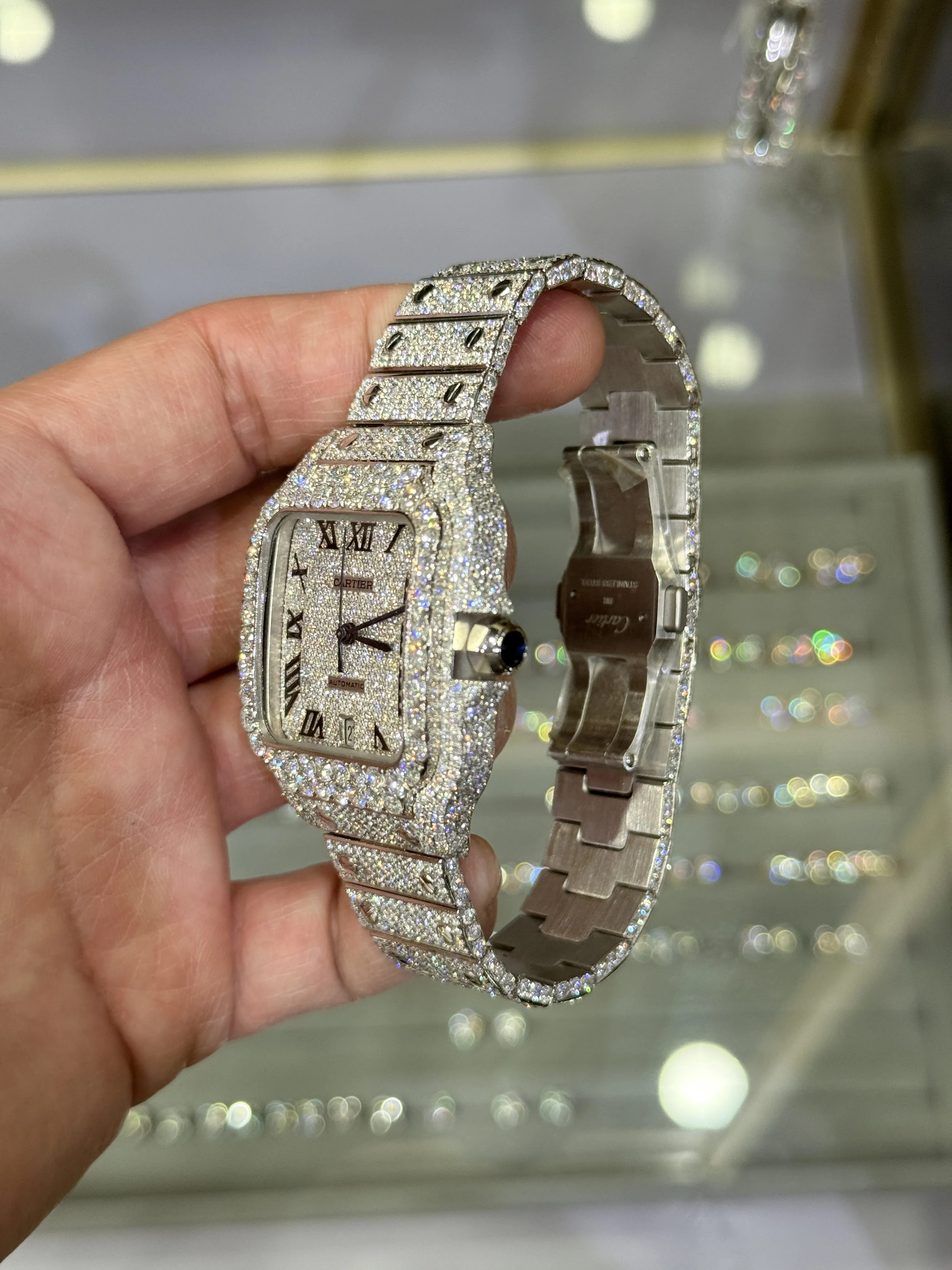 Cartier Santos-Style Iced-Out Pave Roman Dial Watch D1147519493 — view 4