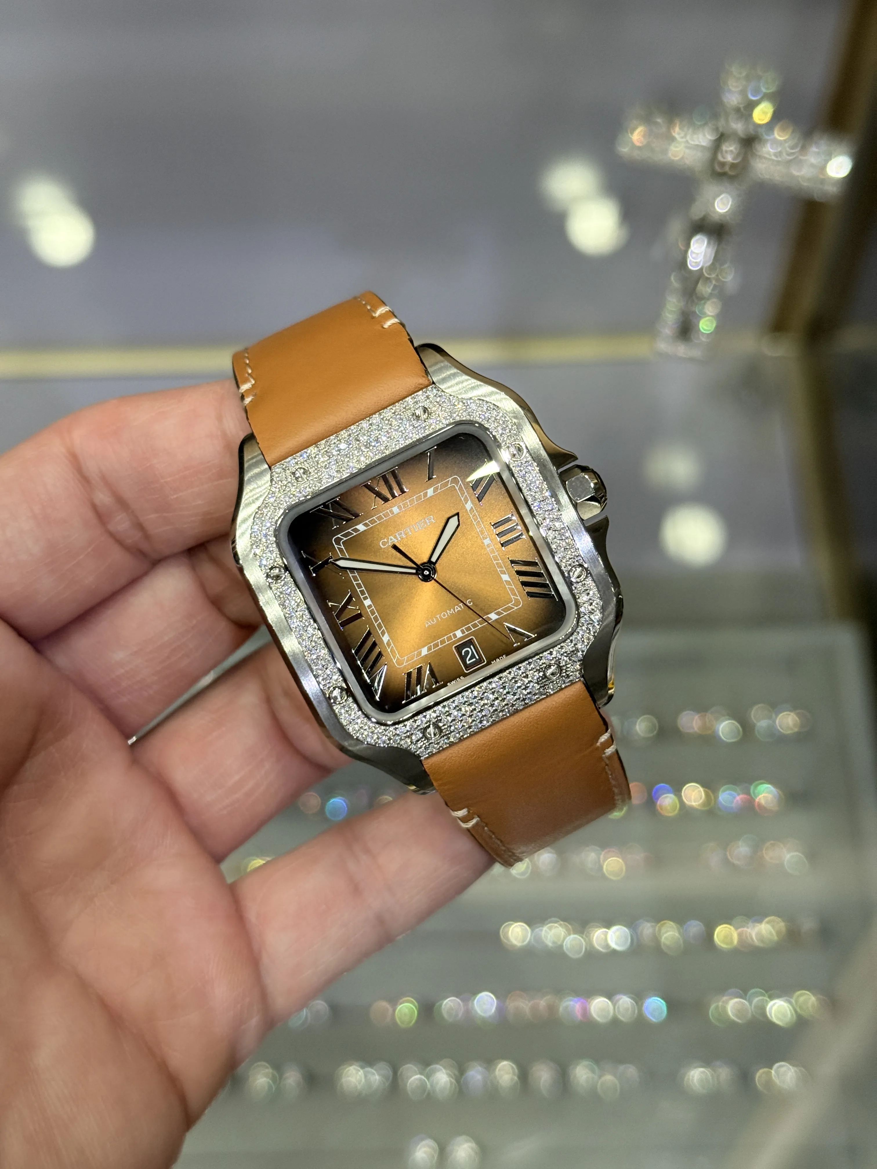 Cartier Santos-Style Iced-Out Cognac Roman Dial Leather Watch D472519494 — view 2