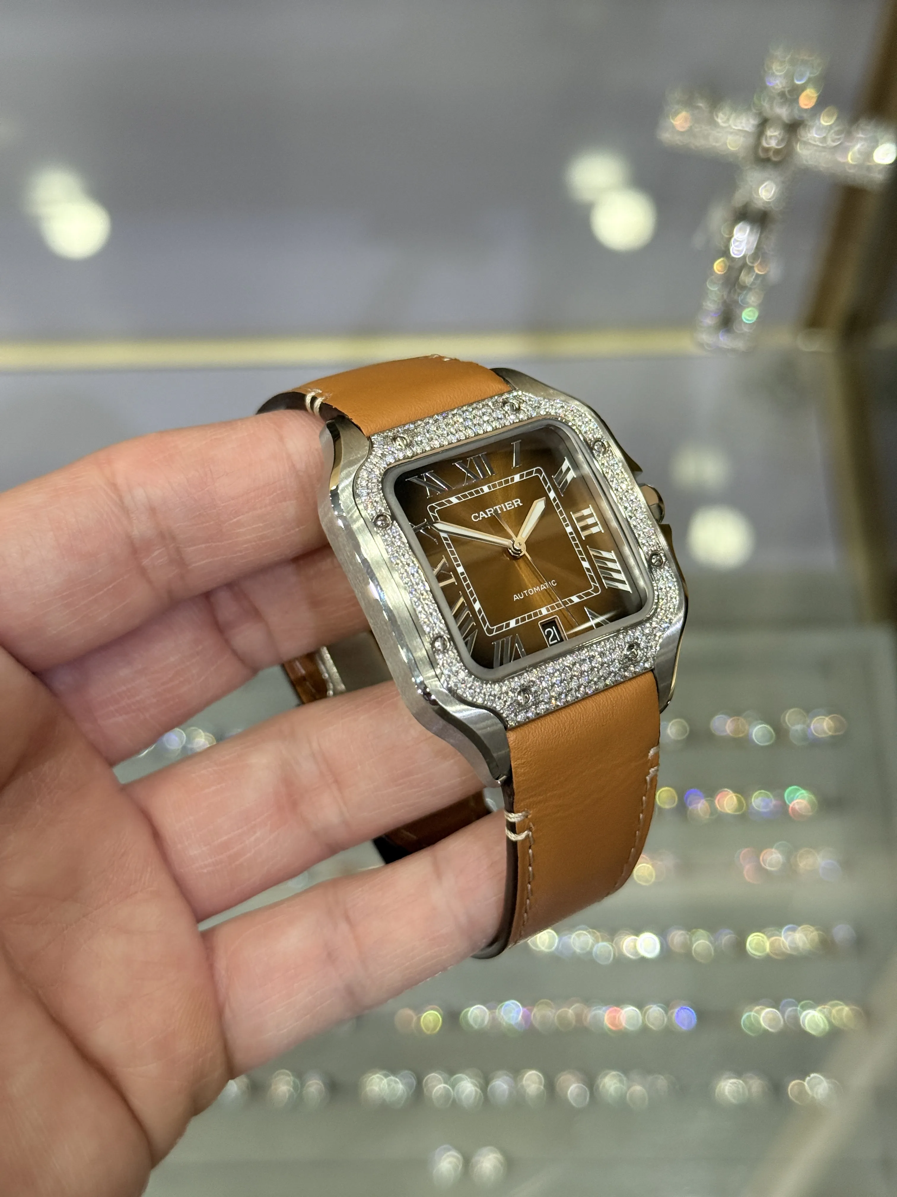 Cartier Santos-Style Iced-Out Cognac Roman Dial Leather Watch D472519494 — view 3