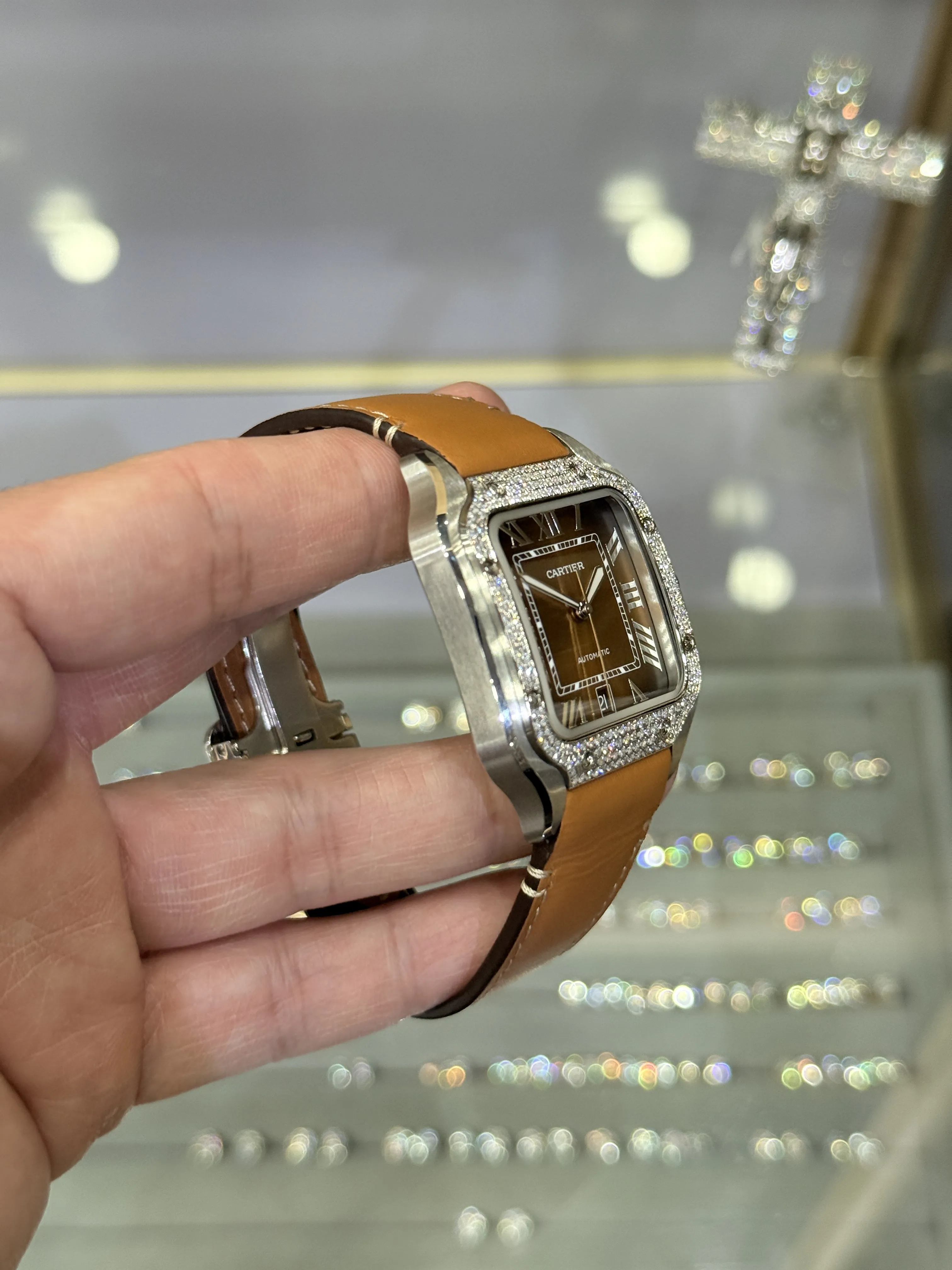 Cartier Santos-Style Iced-Out Cognac Roman Dial Leather Watch D472519494 — view 4
