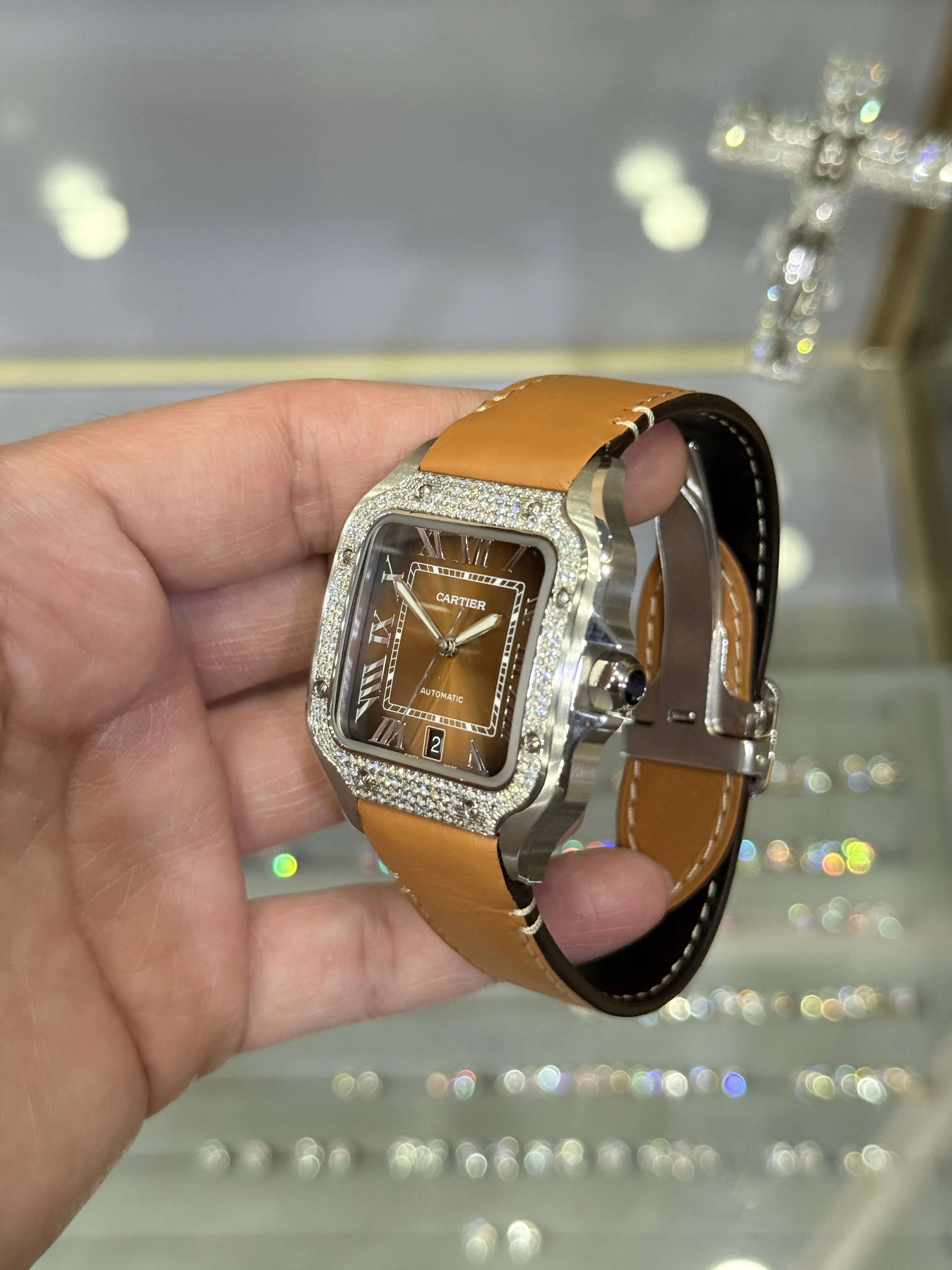 Cartier Santos-Style Iced-Out Cognac Roman Dial Leather Watch D472519494 — view 5