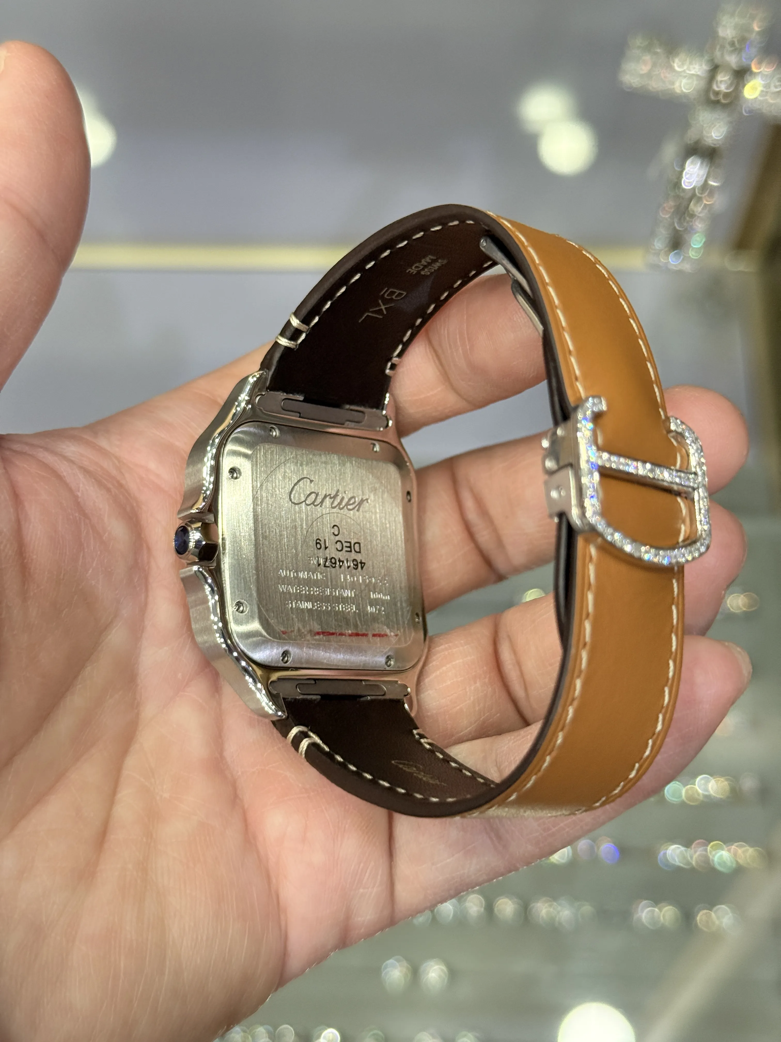 Cartier Santos-Style Iced-Out Cognac Roman Dial Leather Watch D472519494 — view 7