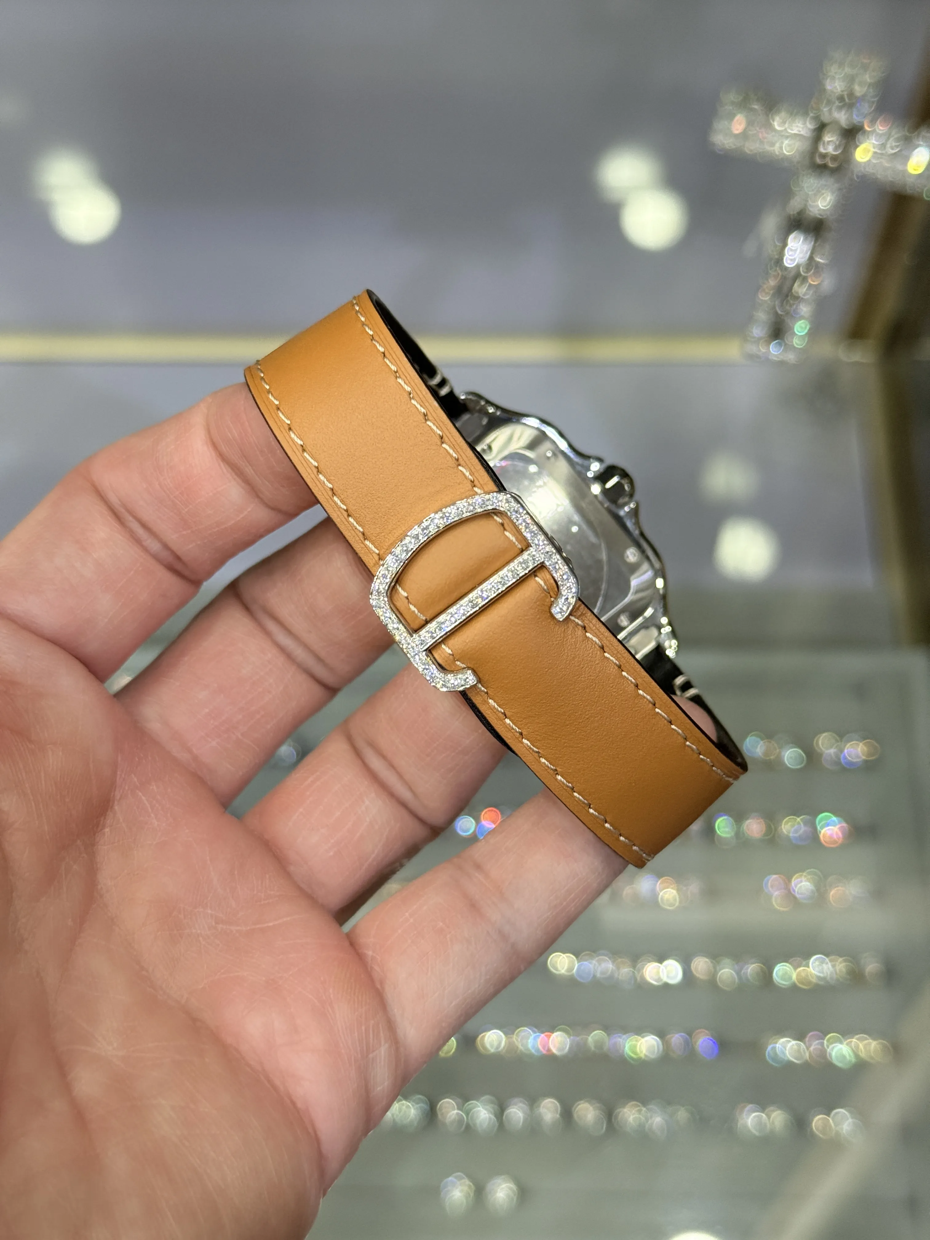Cartier Santos-Style Iced-Out Cognac Roman Dial Leather Watch D472519494 — view 8