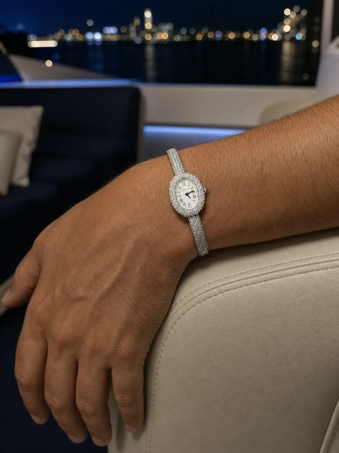 Cartier Baignoire-Style Iced-Out White Roman Dial Bangle Watch D675019496