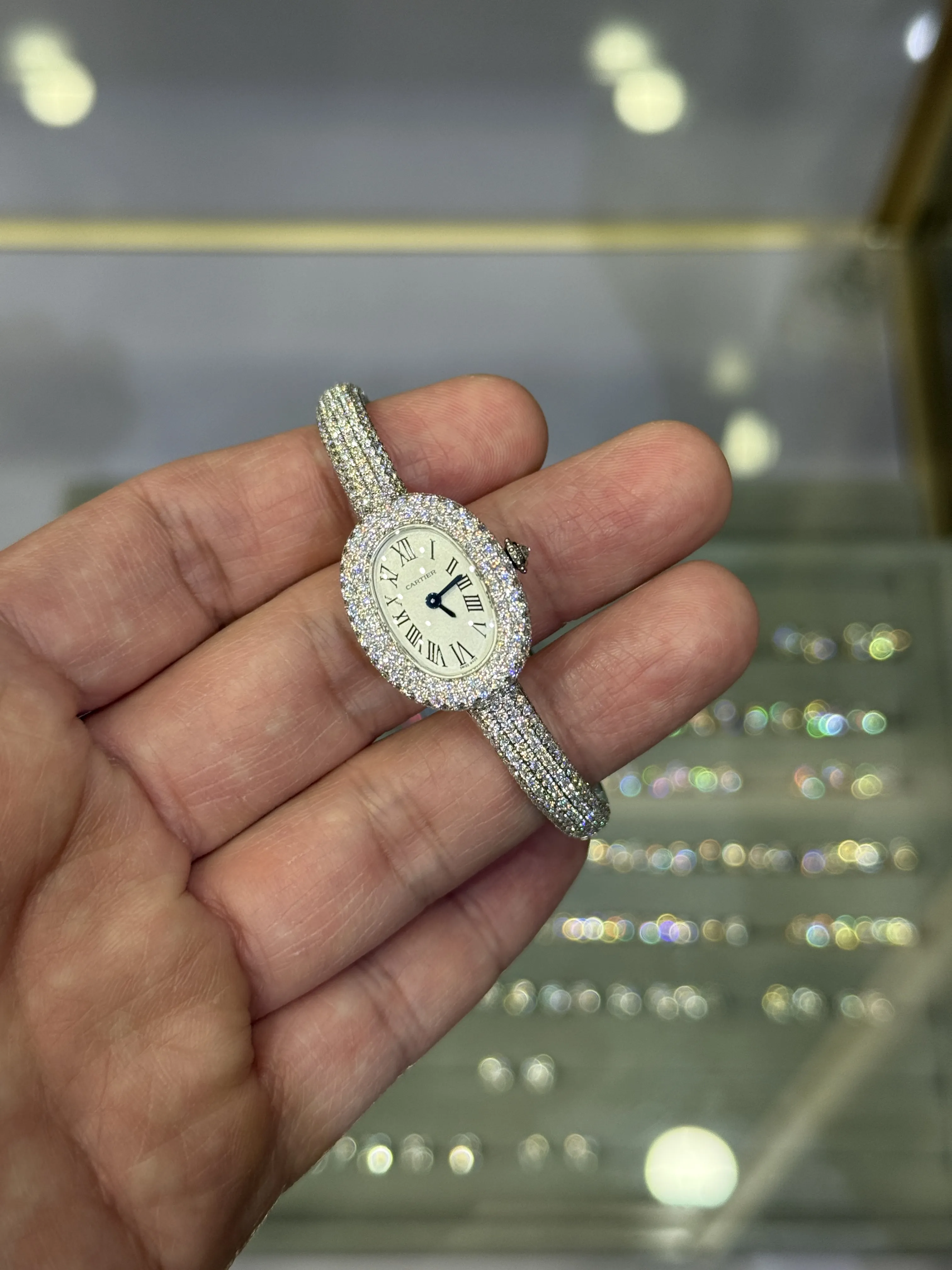 Cartier Baignoire-Style Iced-Out White Roman Dial Bangle Watch D675019496 — view 4