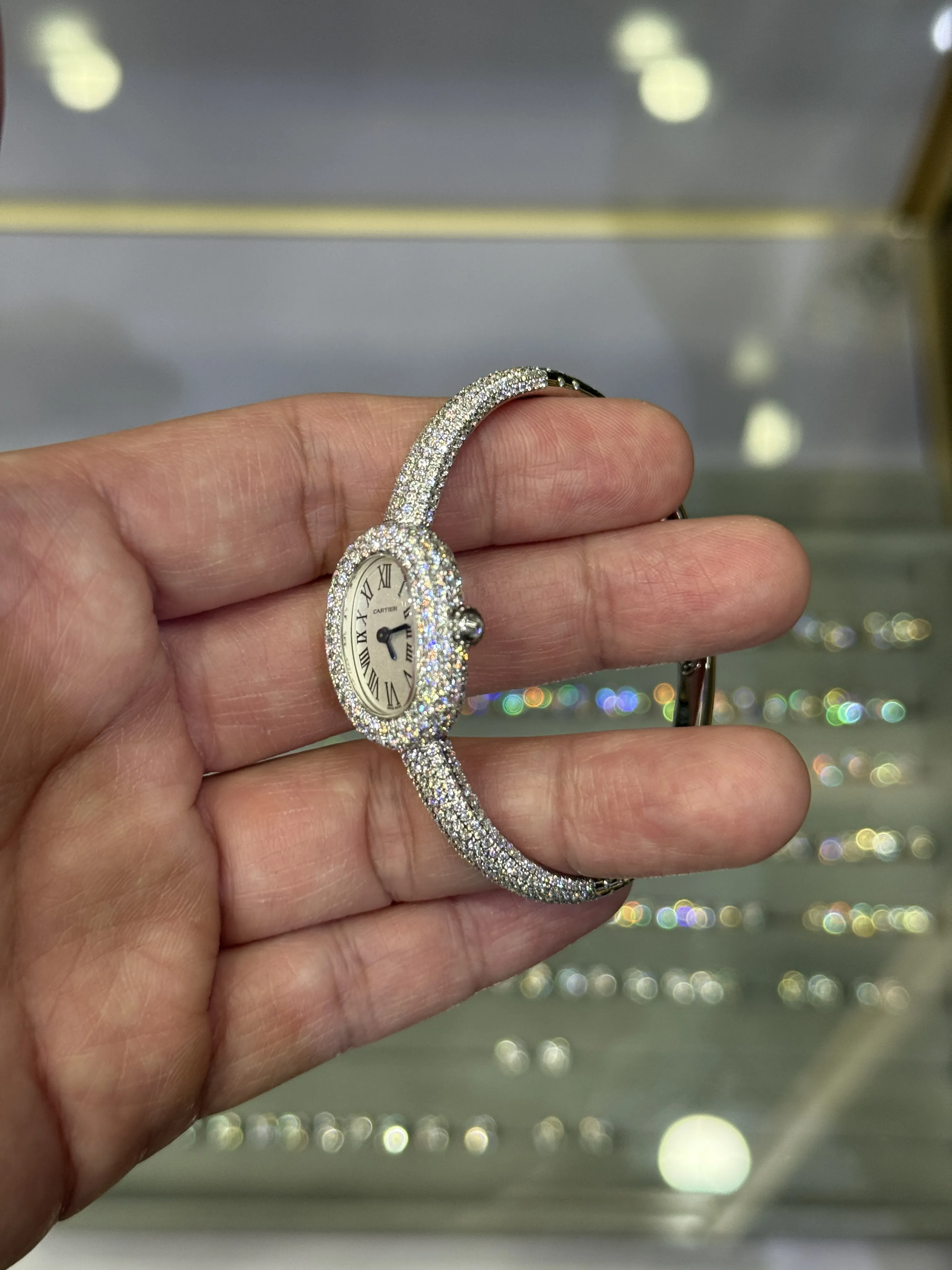 Cartier Baignoire-Style Iced-Out White Roman Dial Bangle Watch D675019496 — view 6