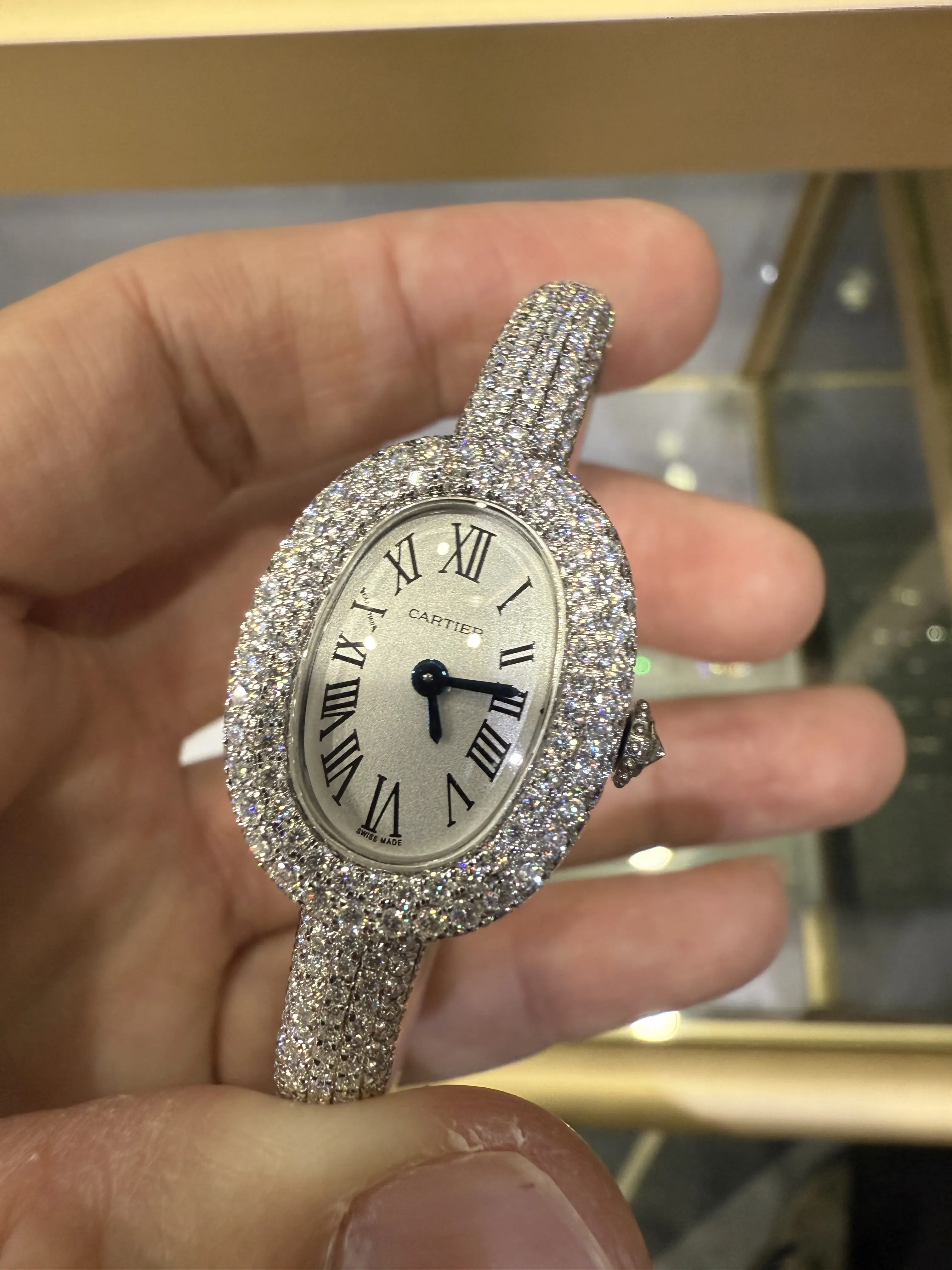Cartier Baignoire-Style Iced-Out White Roman Dial Bangle Watch D675019496 — view 9