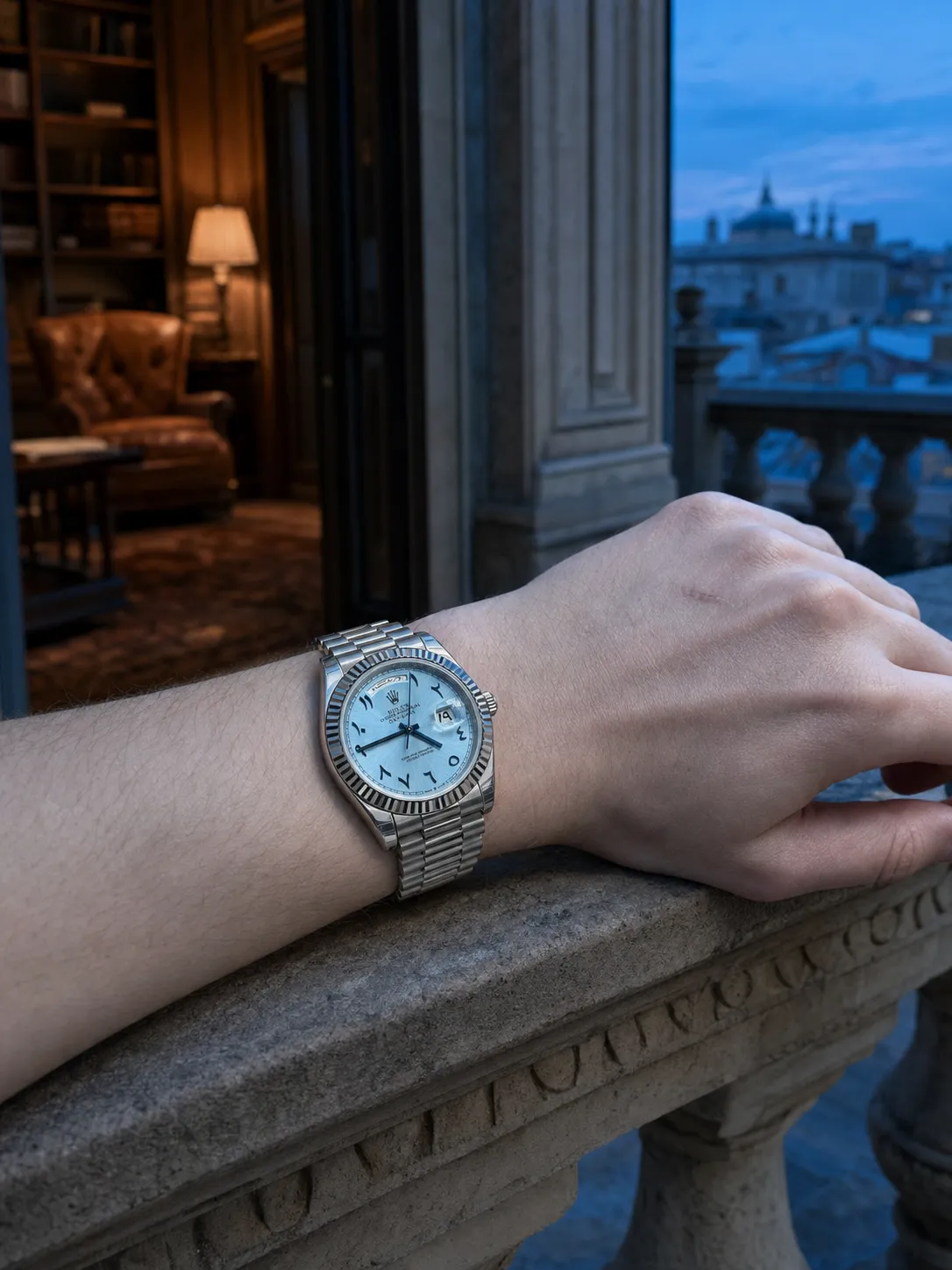 Rolex Day-Date-Style Silver Ice-Blue Arabic Dial Watch D391519506