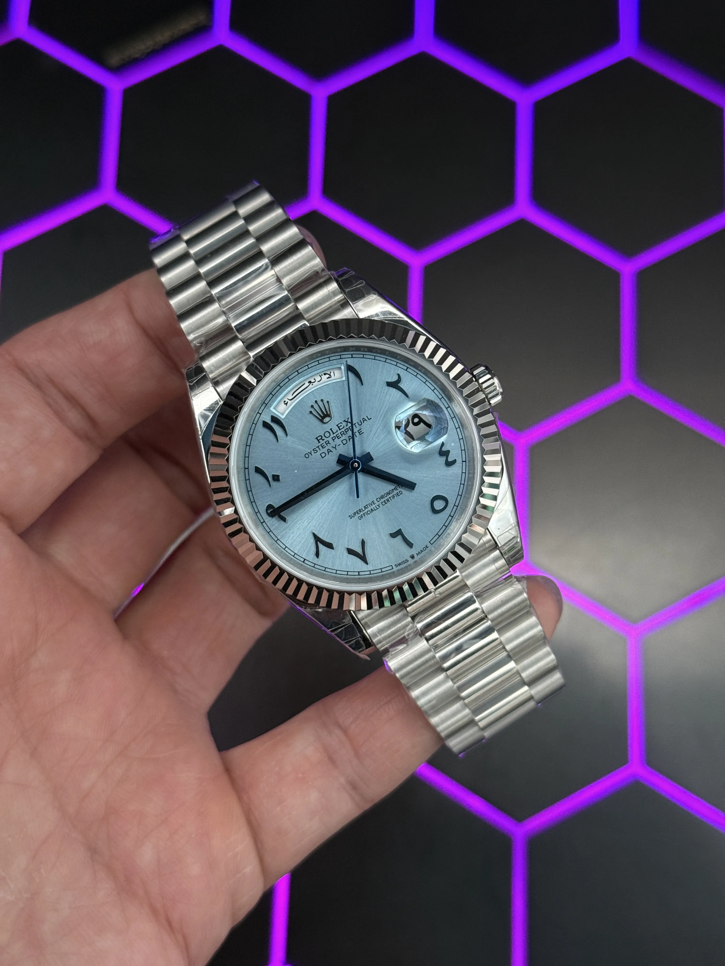 Rolex Day-Date-Style Silver Ice-Blue Arabic Dial Watch D391519506 — view 2