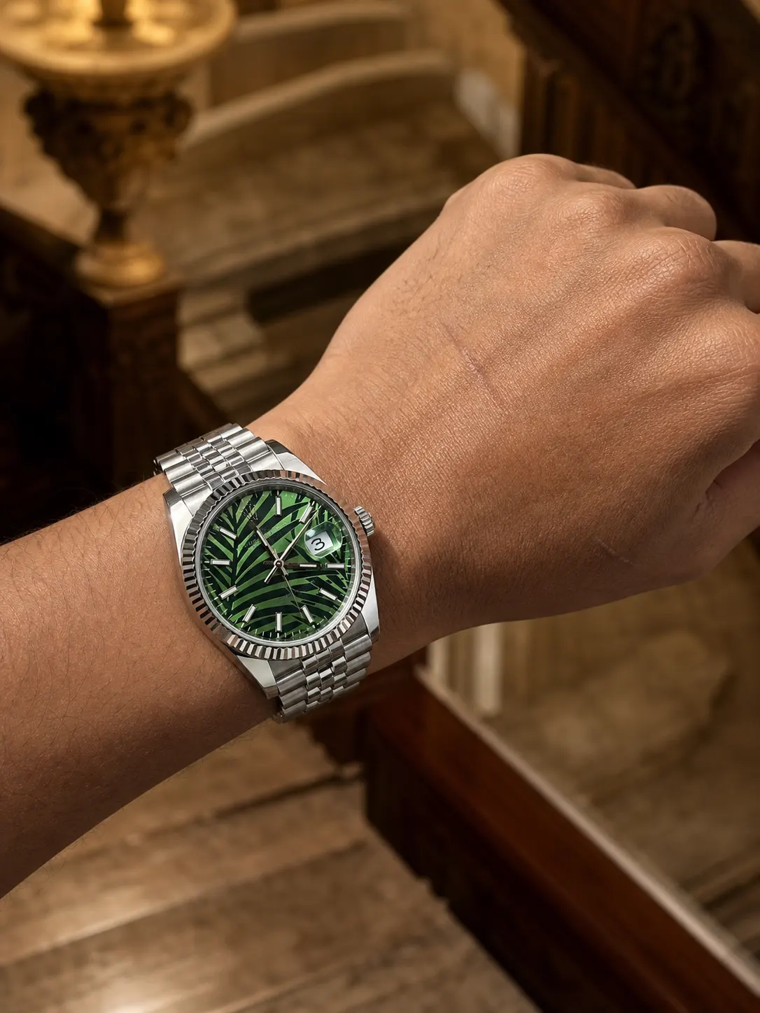 Rolex Datejust-Style Silver Green Palm Motif Watch D391519515