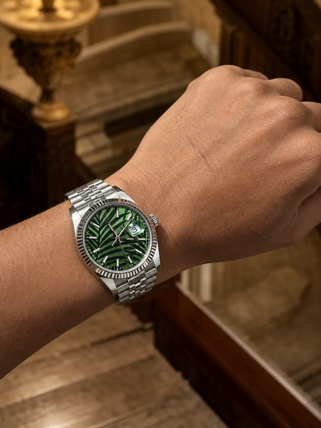 Rolex Datejust-Style Silver Green Palm Motif Watch D391519515