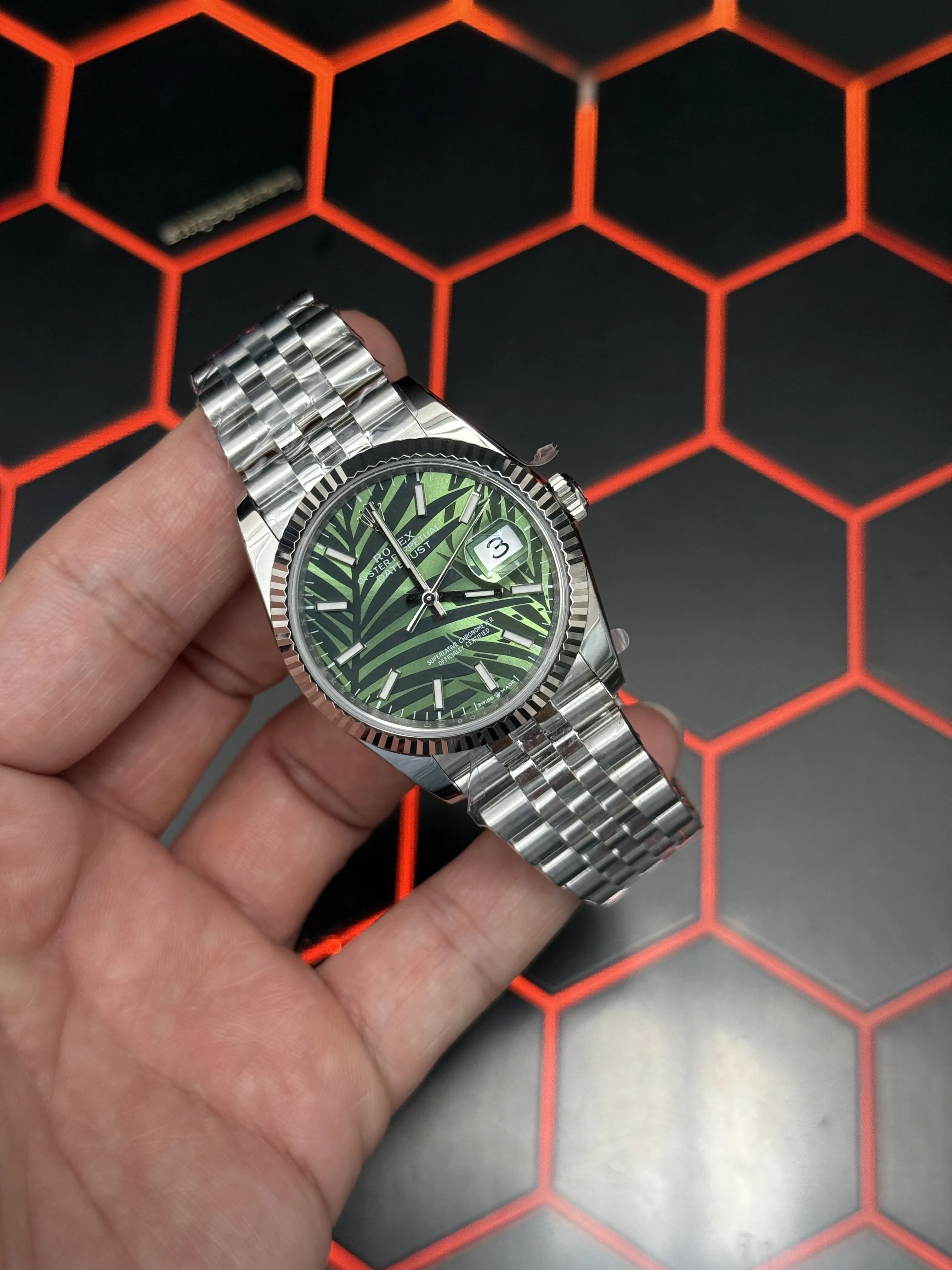 Rolex Datejust-Style Silver Green Palm Motif Watch D391519515 — view 2