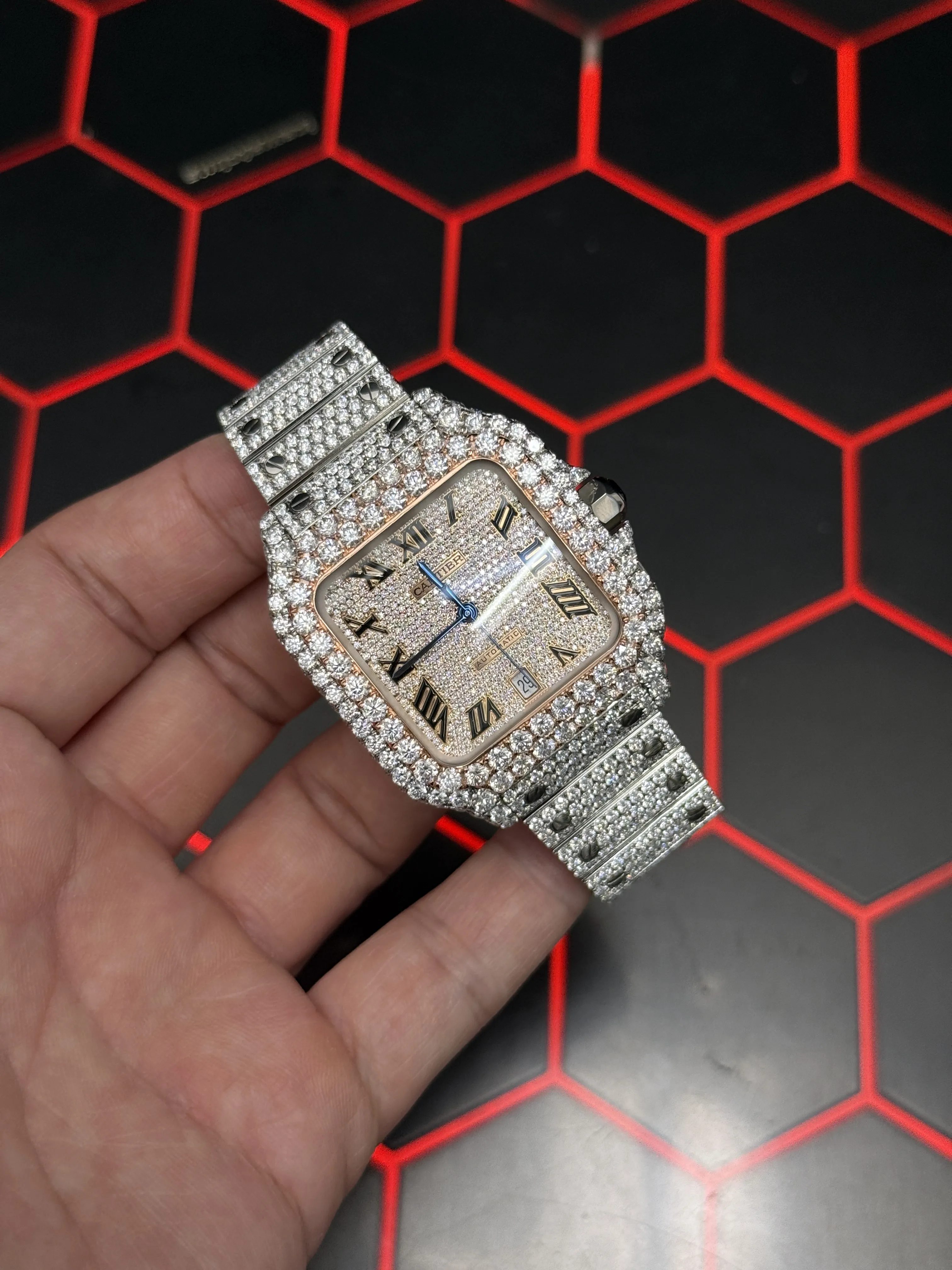 Cartier Santos-Style Iced-Out Champagne Roman Dial Watch D1147519536 — view 2