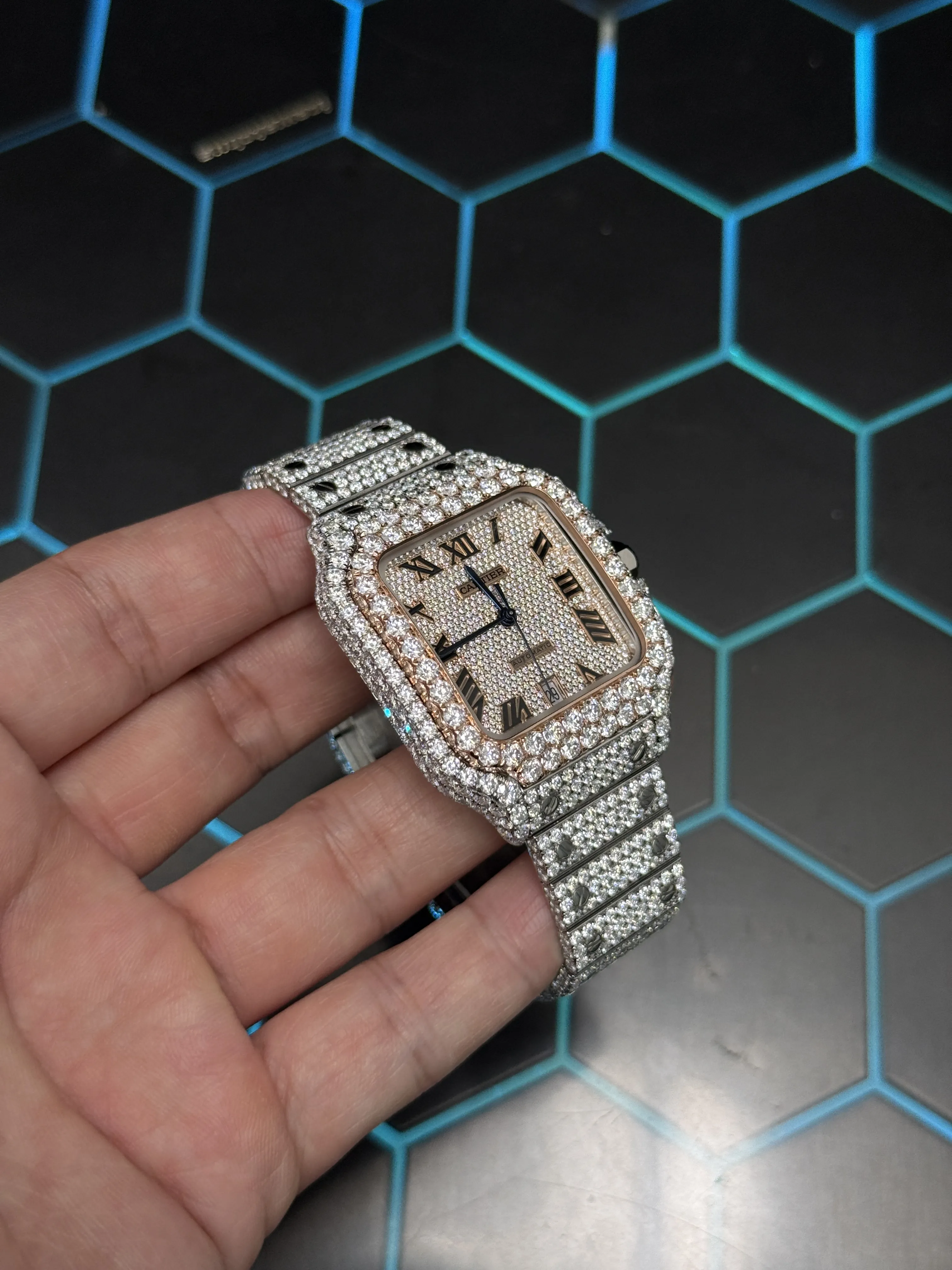 Cartier Santos-Style Iced-Out Champagne Roman Dial Watch D1147519536 — view 3
