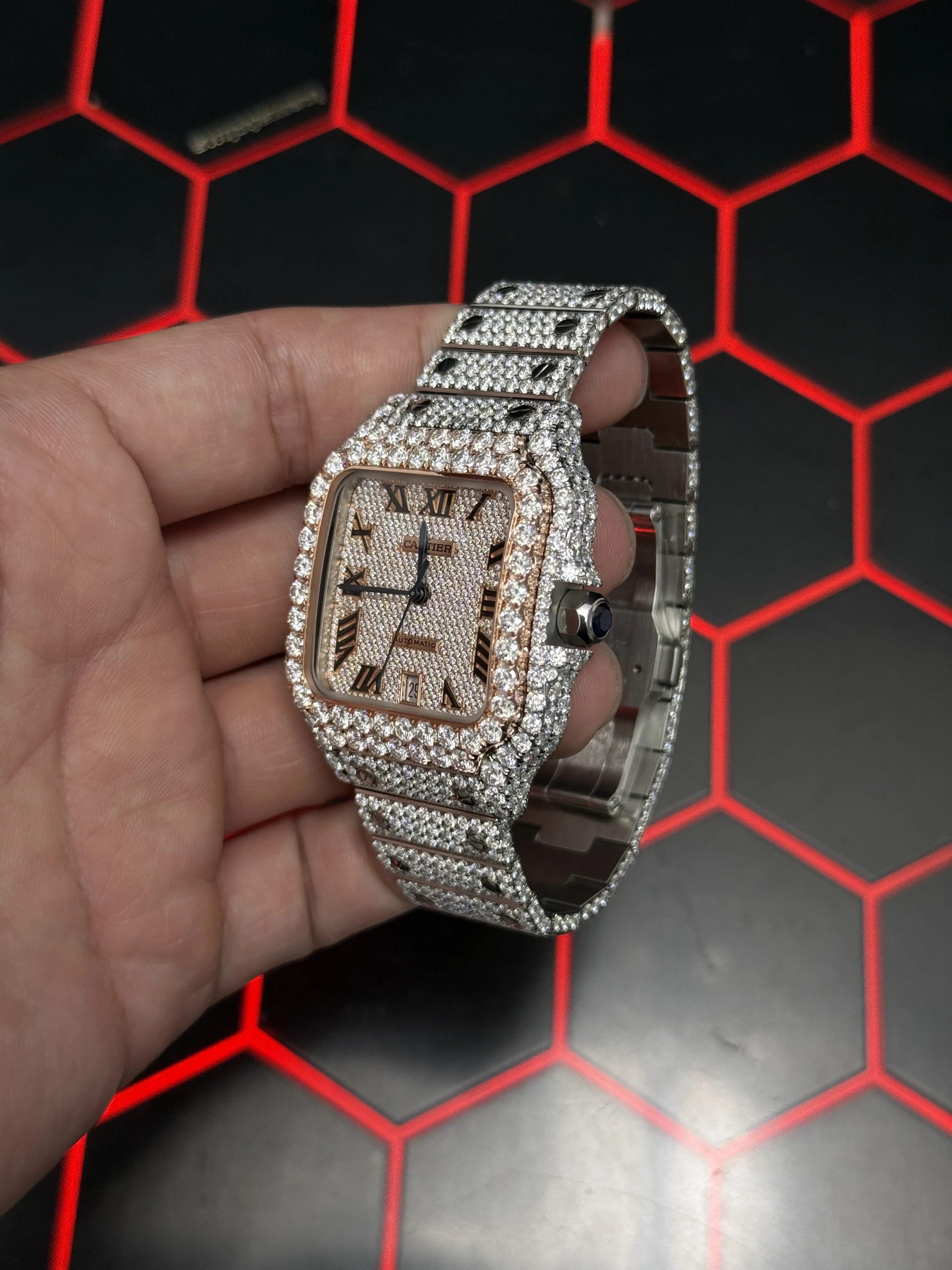 Cartier Santos-Style Iced-Out Champagne Roman Dial Watch D1147519536 — view 4