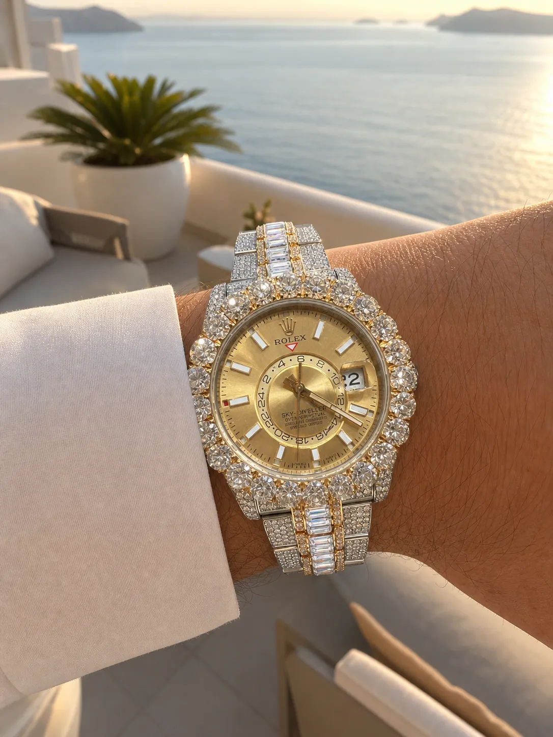 Sky-Dweller 42mm Icedout Watch with Baguette Band D1552519234