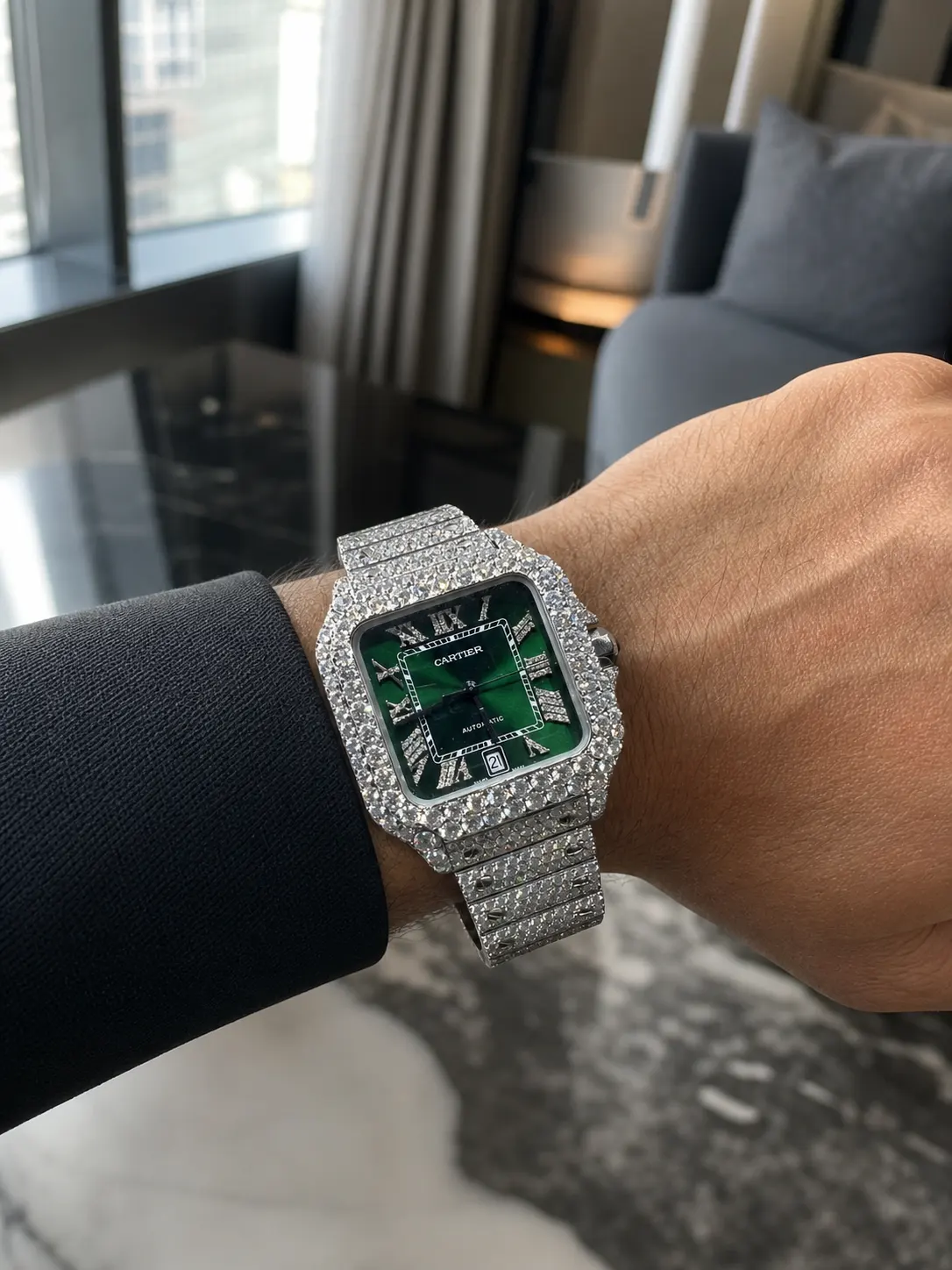 Cartier Santos Icedout Watch with Green Dial D1147519241