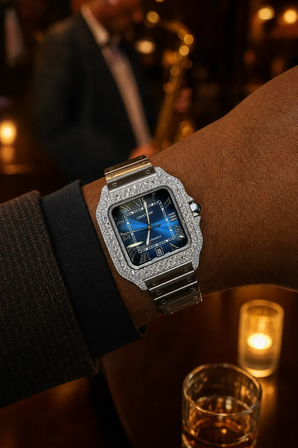 Santos de Cartier Icedout Watch with Blue Dial D573819335