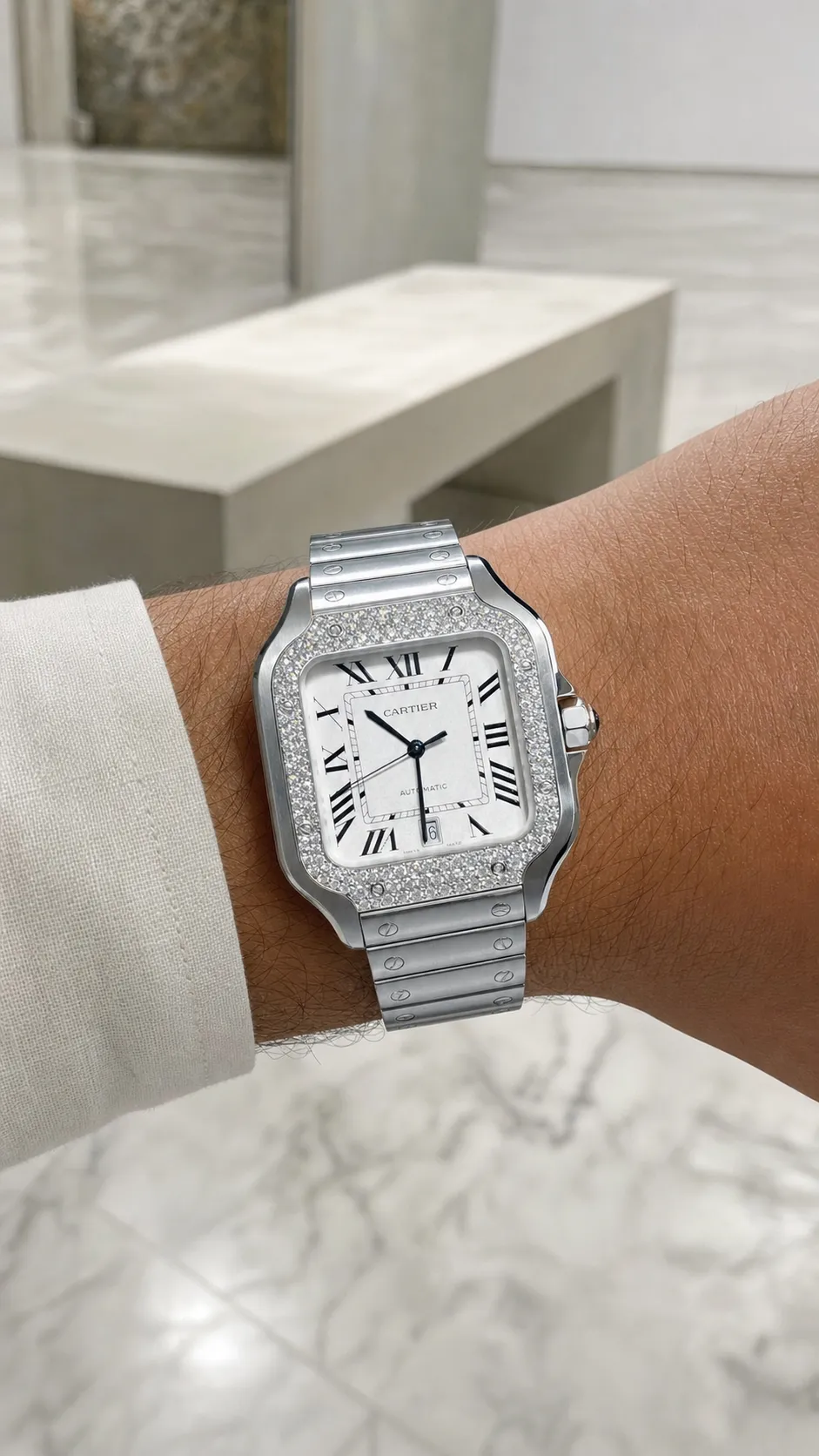 Santos de Cartier Icedout Watch with Diamond Bezel D526519336