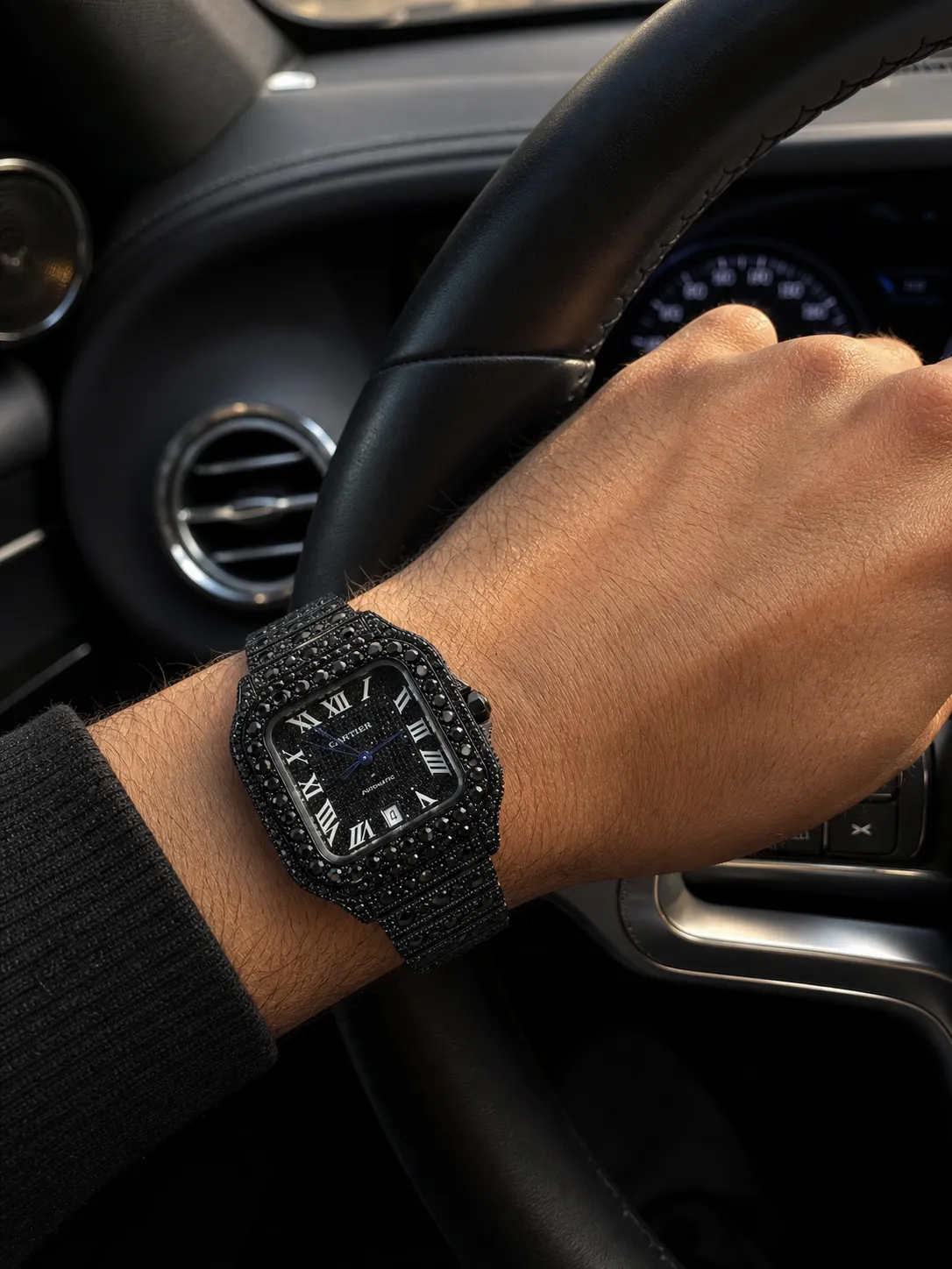 Santos de Cartier Black Moissanite Icedout Watch D1215019402